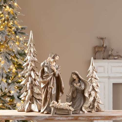 Glitzhome 5-Piece Resin Nativity Set, Brown Resin Holy Family with Christmas Trees, Nativity Figurines Sets for Christmas Indoor Mantels, Tabletops Decorations - color: Brown