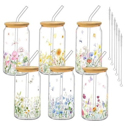 Glass Cups with Lids and Straws, 6Pack, 16oz, Wildflower - style: Wildflower