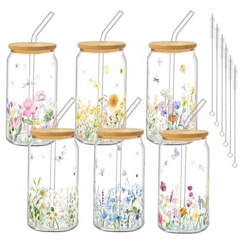 Glass Cups with Lids and Straws, 6Pack, 16oz, Wildflower - style: Wildflower