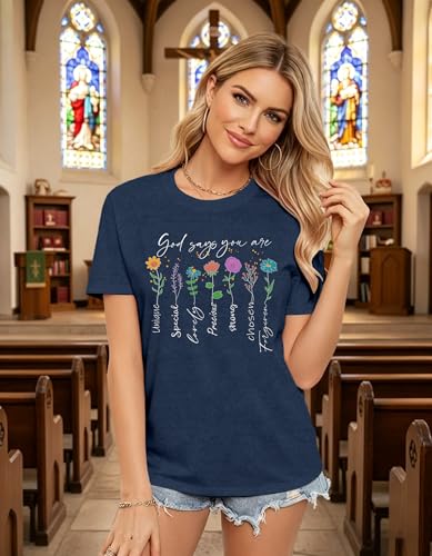 Womens Christian Shirt Bible Verse T-Shirt Religious Gifts Florial Tee Tops - color: Blue, size: Small