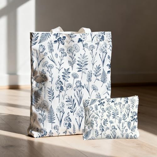 2 Pack Canvas Tote Bag with Makeup Zipper Pouch Colorful Polyester Printed Reusable Shopping Bags for Women - style: Blue Flower