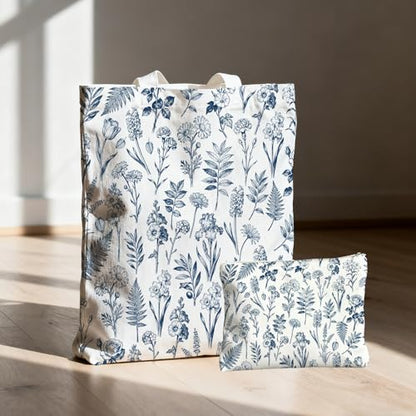 2 Pack Canvas Tote Bag with Makeup Zipper Pouch Colorful Polyester Printed Reusable Shopping Bags for Women - style: Blue Flower