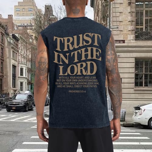 Mens Christian Tank Tops Trust in The Lord God Jesus Religious Faith Bible Verse Shirts Graphic Acid Wash Gym Tees - color: Denim Blue, size: Medium