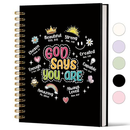 Lacama Bible Journal for Women, Christian Prayer Journal Black Notebook Gifts for Teen Girls Kids Women, Preppy Church Faith Journaling Hardcover Spiral Notebook 5.5x8.3 - color: God Says You Are-2-black