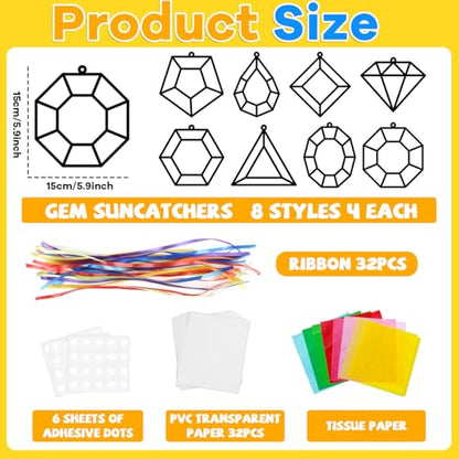Lonfliness 32Sets Jewel Suncatchers Ornaments Kit DIY Window Stained Glass Effect Paper for Sun Catchers Craft Home Decor Creative Art Projects Activity Birthday Gift - style: Diamond