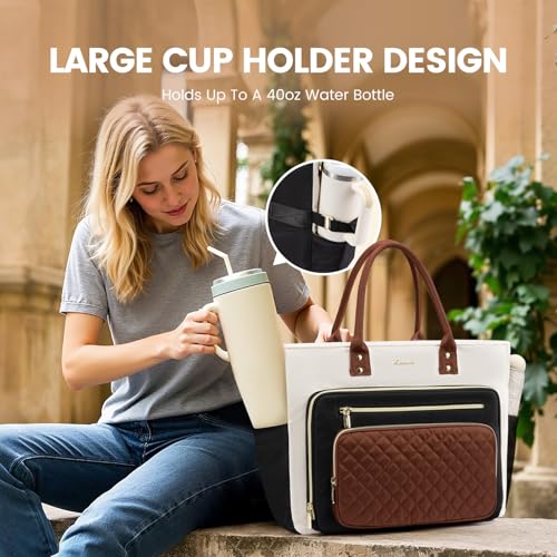 LOVEVOOK Teacher Tote Bag for Women Work, Laptop Bag With Large Cup Holder, Nurse Bags Professional Briefcase Business Computer Purses Bible Handbag Gifts, Black-Beige-Brown, 15.6 Inch - color: Black-beige-brown, size: 15.6 Inch