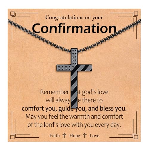 EPIRORA Cross Necklace for Men Boys, First Communion Baptism Confirmation Easter Gifts for Teens Boys, 316L Stainless Steel Chain Cross American Flag Religious Christian Jewelry Gifts, 22+2 Inches - style: Confirmation
