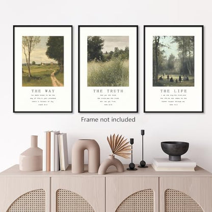 Christian Canvas Wall Art, Religious Scripture The Way The Truth The Life Poster, Set of 3 Bible Verses Print, Biblical Landscape Picture, Modern Spiritual Painting for Prayer 12x16in Unframed - color: Set 2-Unframed, size: 12L" x 16W"