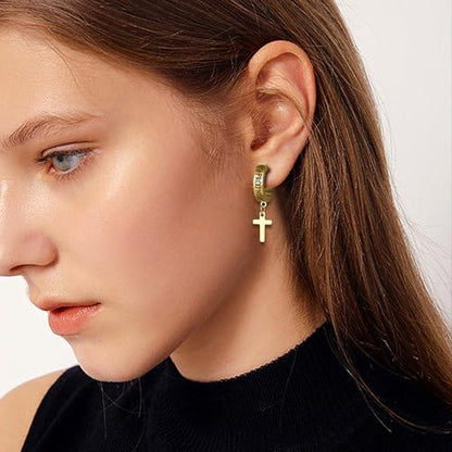Cupimatch 3-6 Pairs Stainless Steel Cross Dangle Huggie Hinged Hoop Earrings for Men Women (1 Pair Silver Cross) for Mother's Day - color: hoop-gold