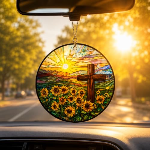 Christian Gifts for Women, Cross Suncatcher Sunflower for Christmas Tree - color: Natural Cross