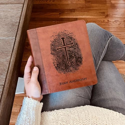 STARKENBURG COMPANY Personalized ESV Study Bible, Custom Engraved Fingerprint & Cross Bible with Name, ESV Wide Margin for Note Taking, Gift for Baptism