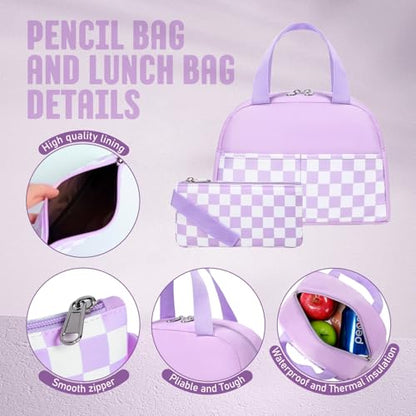UREYMX Checkered Backpack - School Backpack for Kids, Large Capacity, Waterproof, Lightweight, Black - color: 3 in 1 Purple and White Plaid