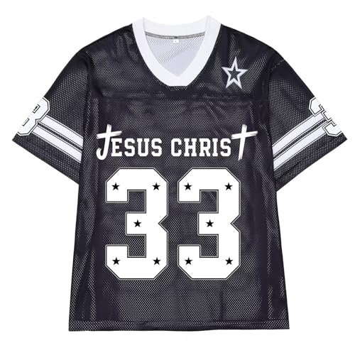 CHAIRAY Jesus Jersey Christian Football Jersey 33 Y2k Baggy Shirts Oversized V Neck Tee Tops for Women Men - color: 01 Black, size: 3X-Large