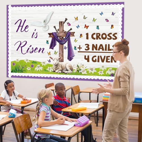 Christian Easter Bulletin Board Set He is Risen Classroom Decoration Jesus Forgiven Cross Butterfly Lily Christian Religious Paper Cutouts for Spring Sunday School Church Home Chalkboard Wall Decor