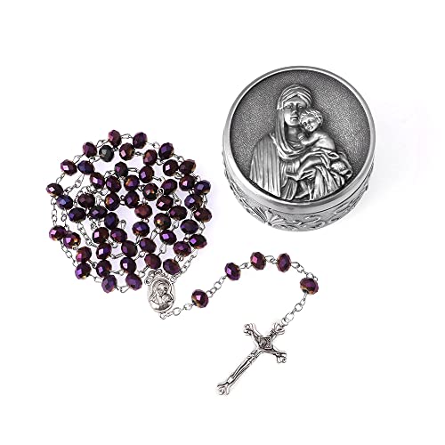 Rosary Beads for Women With Box, Blue Crystal Catholic Necklace, Last Supper Vintage Jewelry Box, Anglican Prayer Beads Christian Gifts - color: Purple Crystal + Madonna & Child Rosary Box