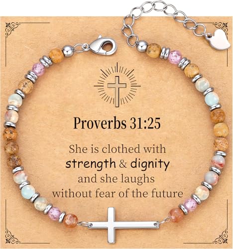 Cross Bracelet for Women, Christian Gifts for Women 2026 Stocking Stuffers for Teens Her Bead Bracelet Adjustable Gemstone Faith Religious Confirmation Communion Bracelet for Best Friend Mom Faith Birthday Anniversary Jewelry - color: Colorful-Strength