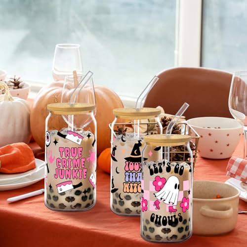 Halloween Glass Cups with Lids and Straws, 6Pack, 16oz, Pink Ghost - style: Pink Spooky