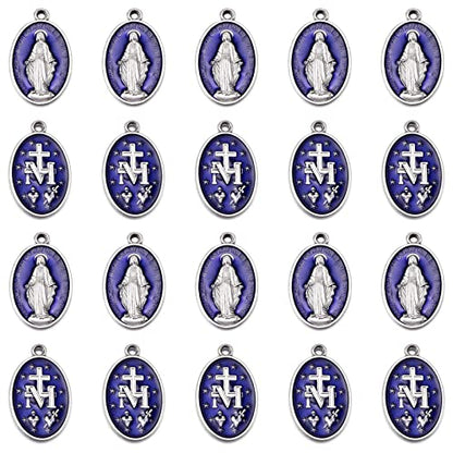 10Pcs Large Catholic Virgin Mary Medals – Alloy Oval Blue Enamel Pendant for DIY Necklace Jewelry Making, Ideal for Men and Women