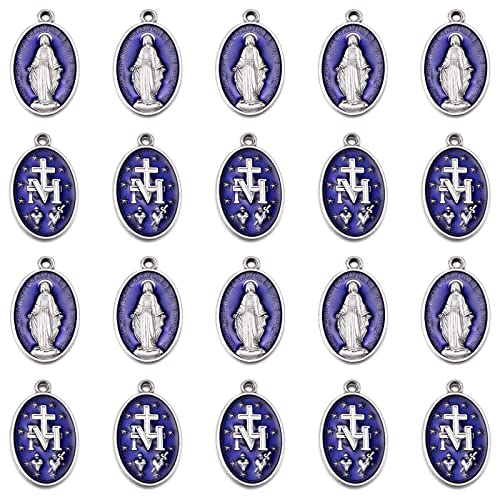 10Pcs Large Catholic Virgin Mary Medals – Alloy Oval Blue Enamel Pendant for DIY Necklace Jewelry Making, Ideal for Men and Women