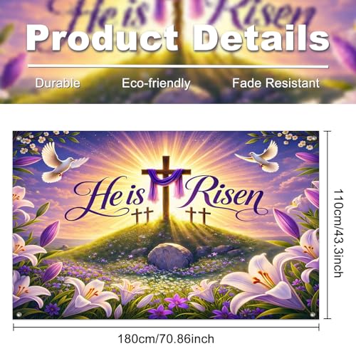 IVN He Is Risen Easter Banner 71x43 Inch Christian Resurrection Cross Lily - color: He Is Risen Cross Sunrise Christian Easter