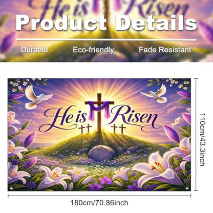IVN He Is Risen Easter Banner 71x43 Inch Christian Resurrection Cross Lily - color: He Is Risen Cross Sunrise Christian Easter