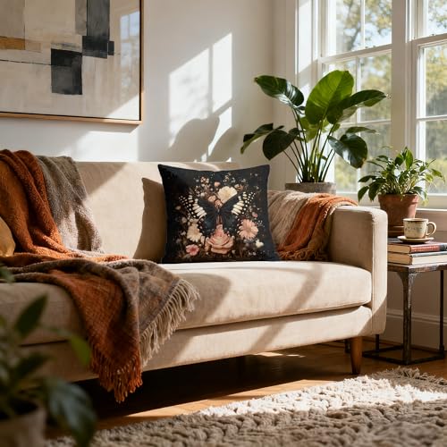Vintage Moody Floral Butterfly Pillow Covers 18x18, Dark Cottagecore Decor, Dark Academia Botanical Floral Insect Decorative Throw Pillow Covers for Home Bedroom Living Room Sofa Couch - color: 02color