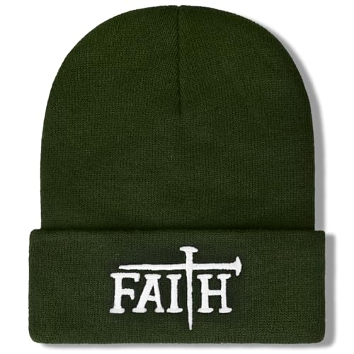 Christian Jesus Cross Beanie - Faith Winter Beanie Hats for Men Women - Religious Gifts for Christmas & New Years - color: Faith-white Cross/Olive Green