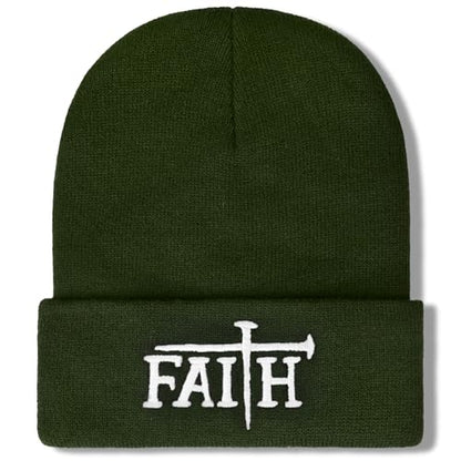 Christian Jesus Cross Beanie - Faith Winter Beanie Hats for Men Women - Religious Gifts for Christmas & New Years - color: Faith-white Cross/Olive Green
