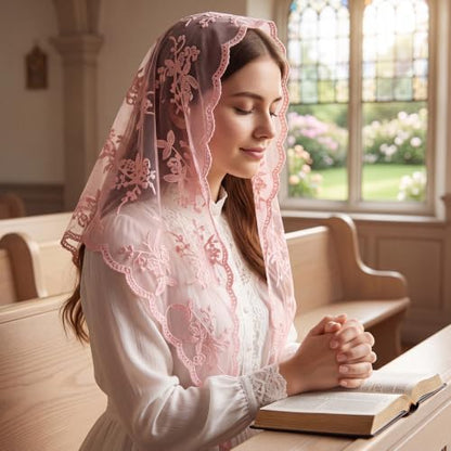 Lystaii Triangle Lace Mantilla Veil Catholic Chapel Head Covering Scarf - color: Pink