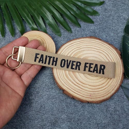 FAITH OVER FEAR embroidered keychain, Christian Gifts, Religious Gifts, Thanksgiving Gift - color: Camel Beige - Gold