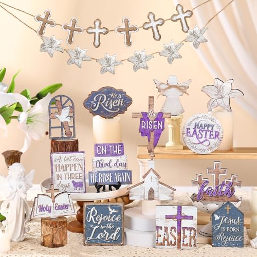 Amyhill 29 Pcs Religious Easter Tiered Tray Decor Christian Easter Decorations He is Risen Cross Lily Purple Wooden Signs Rustic Farmhouse Spring Table Decor for Home Kitchen Shelf - style: Purple Easter