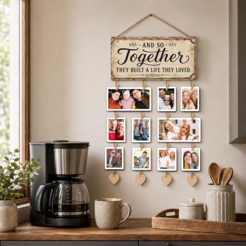 Family Picture Frames Collage Wall Decor Photo Hanging Display - color: Distressed Tan