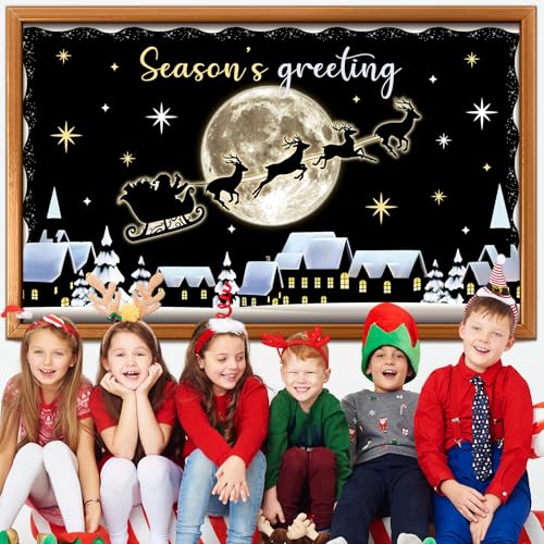 Christmas Bulletin Board Decorations Set Winter Snowy Classroom Cutouts Christmas Season Greeting Bulletin Board Decor for Xmas Party School Classroom Chalkboard Wall Favor - style: Reindeer Car