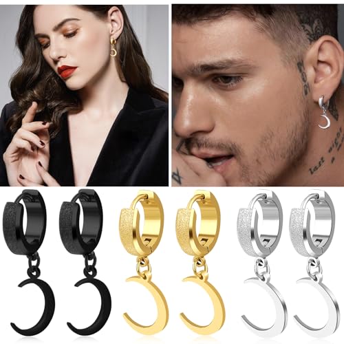 Men Women Stainless Steel Cross Earrings Set Dangle Hinged Earrings of Dangle Hinged Earrings Cross hoop Earrings - color: 3 Pairs Moon Earrings (Black+Silver+Gold)