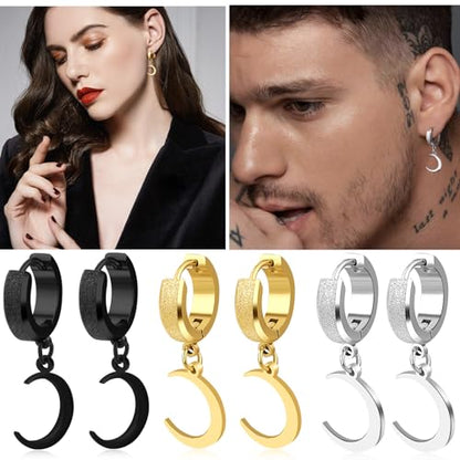 Men Women Stainless Steel Cross Earrings Set Dangle Hinged Earrings of Dangle Hinged Earrings Cross hoop Earrings - color: 3 Pairs Moon Earrings (Black+Silver+Gold)