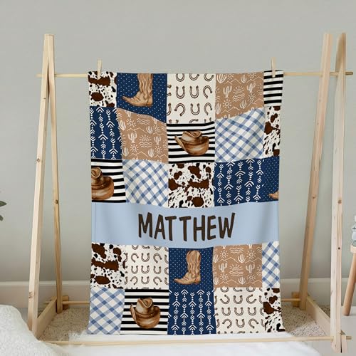 Personalized Cowboy Baby Blanket, Western Desert Cactus Theme Design, Custom Name Toddler Kids Throw, Rustic Nursery Bedding Decor, Baby Gift Idea - color: Cowboy Baby Blanket