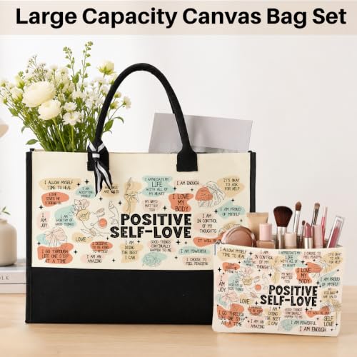 jeilink Inspirational Religious Gifts Boss Mom Birthday Christmas Tote Bag Canvas Reusable Grocery Beach Tote Black Pink - color: Positive Self Love 1714