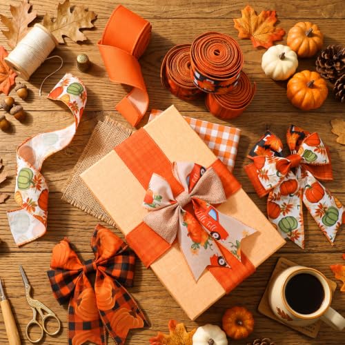 12 Rolls 60 Yards Fall Wired Ribbon for Wreaths Bows Crafts - style: Fall Pumpkin