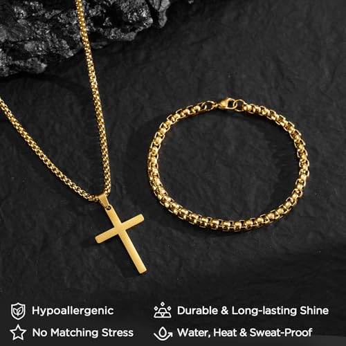 NORBU Stainless Steel Cross Necklace and Bracelet Set for Men, Cuban Link - color: Gold Box