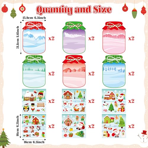 CY2SIDE Christmas Snowy Jar Scene Sticker - 12 Set Red and Green Winter Sticker Art Craft for Kids Holiday Project, Make a Snowy Jar Scene with Gingerbread House Snowman Stickers Games, Christmas Gift - style: Christmas jar