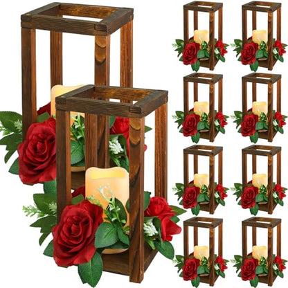 Hushee 30 Pcs Wooden Wedding Lantern Centerpiece, Red Rose, Brown - color: Brown and Red, size: 10.6 x 5.5 x 5.5 inches