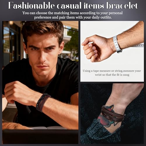 REVOLIA 3Pcs Black Leather Bracelets for Men Women Braided Leather Wristband Cuff Bracelets Multi-Layer Braided Leather Bracelets Set 7.5-9 Inches - color: Brown