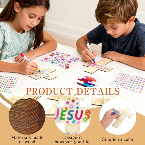 LECEHIVO 40 Pieces Wood Cross Crafts with Stickers Watercolor Pens Acrylic Paint and Paint Brushes DIY Wooden Cross for School Kids Christian Jesus Bible Sunday Vacation Crafts Supplies