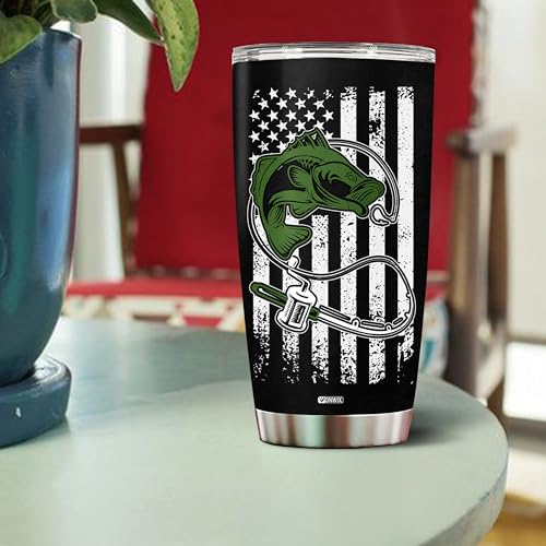 Personalized Fishing Gifts for Men American Flag Insulated Stainless Steel 20oz With Lid Travel Cup Coffee Mug Fish Tumbler Gift for Fisherman Him Dad Husband - color: FISHING