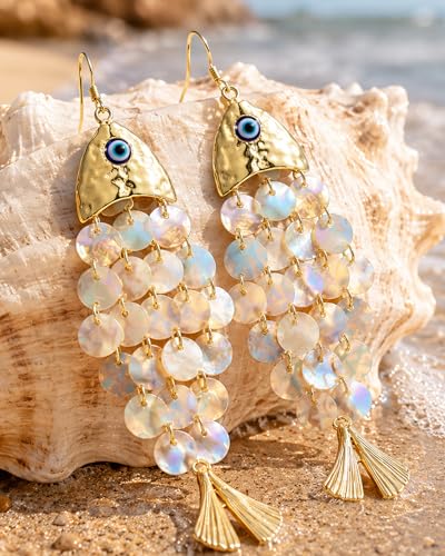 Boho Gold Fish Earrings for Women Trendy Shell Scale Dangle Earrings Statement Fish Seashell Drop Ear-rings Summer Beach Vacation Jewelry Accessories