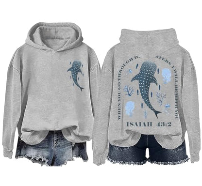 Whale Shark Hoodie & Sweatshirt When You Go Through Deep Waters Shirt Christian Bible Verse Isaiah 43 2 Shirt - color: Grey, size: XX-Large