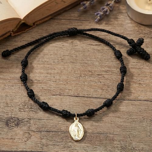 10 Knots Lucky Protection Rope Cross Bracelet For Women Men, Handmade Good Jesus Pendant Charm Amulet Adjustable Christian Pulsera Decenario String Jewelry, Daily Friendship Gift - color: Jesus Black