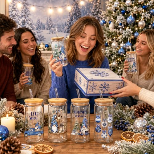 Teenyyou 12 Sets Christmas Glasses Cups with Bamboo Lid and Glass Straw, 16 oz Blue Winter Gnome Snowman Glass Jar Drinking Cups, Festive Elk Christmas Tree Coffee Cup for Xmas Holiday Party Gifts - style: Blue Stripes