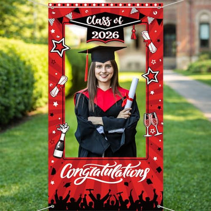 WovWeave Class of 2026 Graduation Photo Booth Frame 71x39 Inch - Red Black Large Fabric Selfie Backdrop Props for High School College Grad Party Decorations Indoor Outdoor Picture Background - style: Red Black Grad