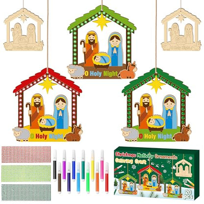 BeYumi Christmas Wooden House Craft - 20Pcs DIY Wooden House Ornaments Craft Kit for Kids Make Your Own Nativity Decor Christian Religious Xmas Crafts with Gem Sticker Church Party Decoration Supplies - style: Nativity House